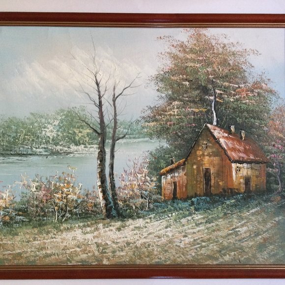 Original landscape painting on canvas framed river house tree in a light frame - Picture 1 of 7